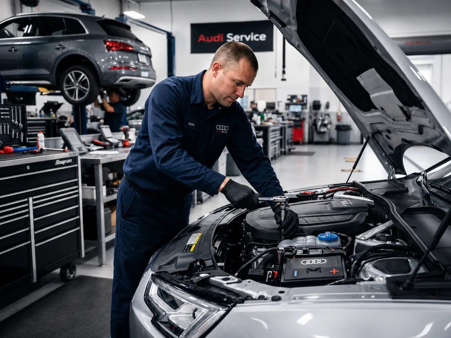 AI-generated still: technician working under the hood in a dealership service bay