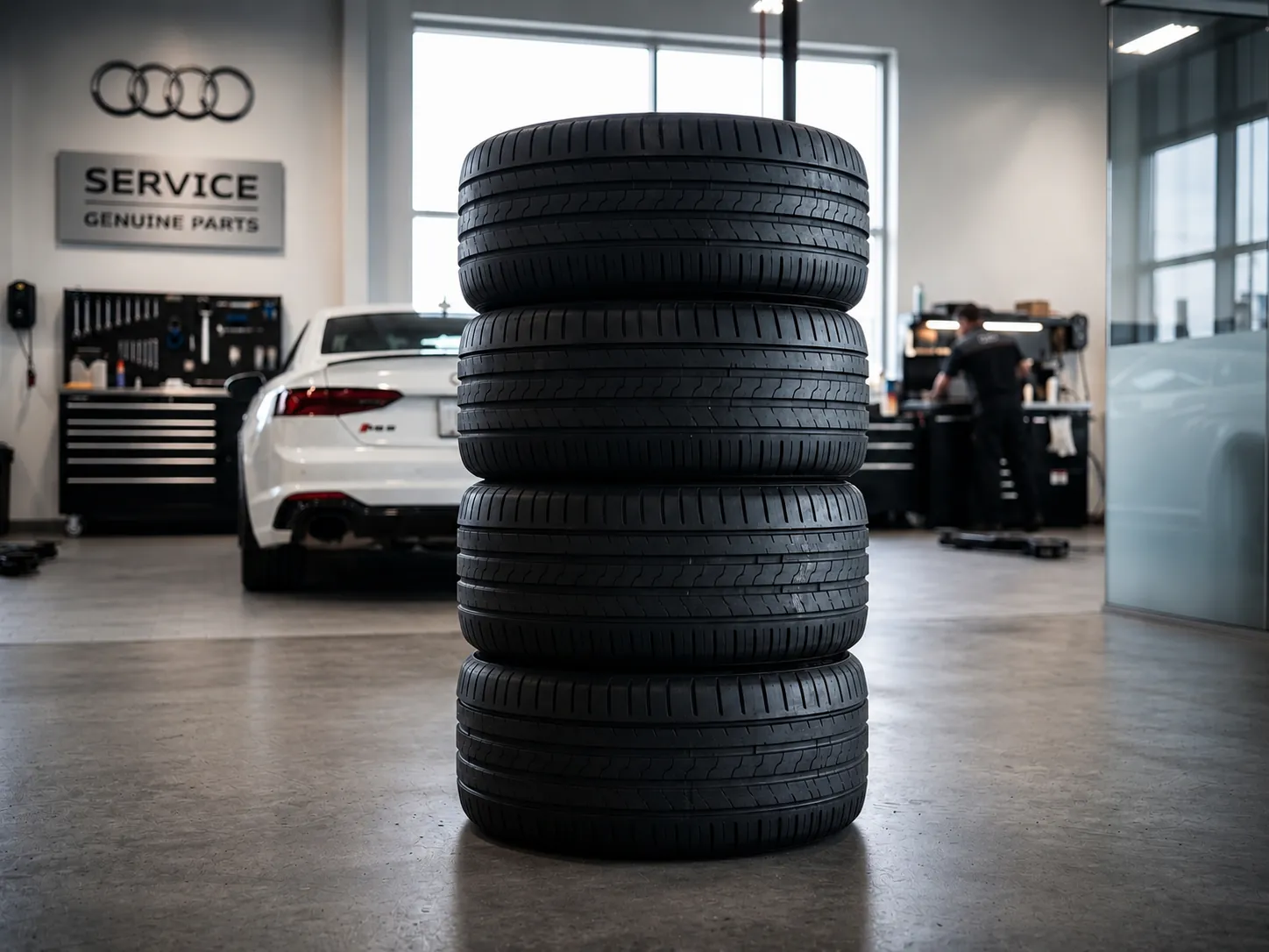 AI-generated still: stack of new tires in a bright service center