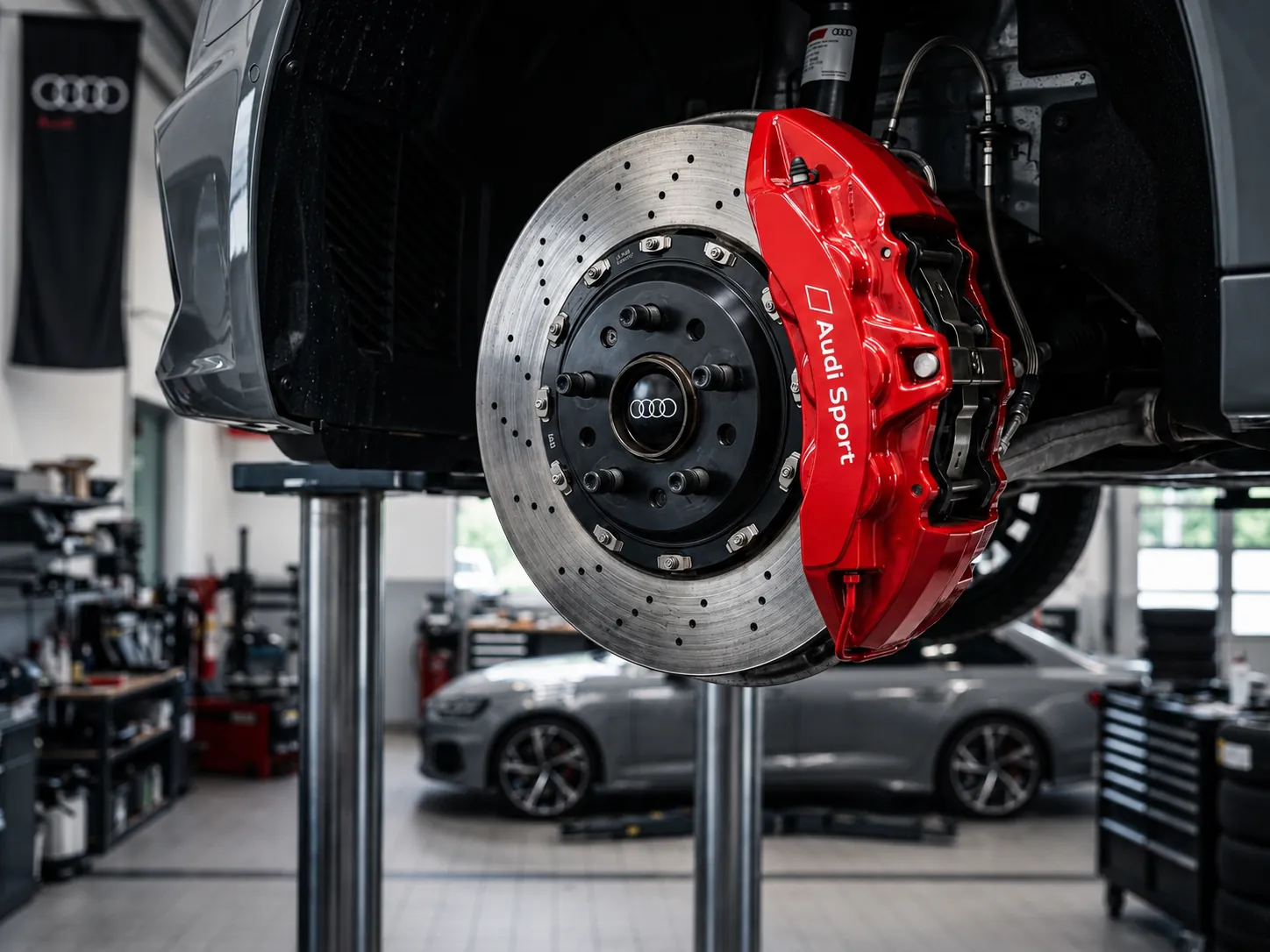 AI-generated still: red brake caliper and drilled rotor on a lifted car