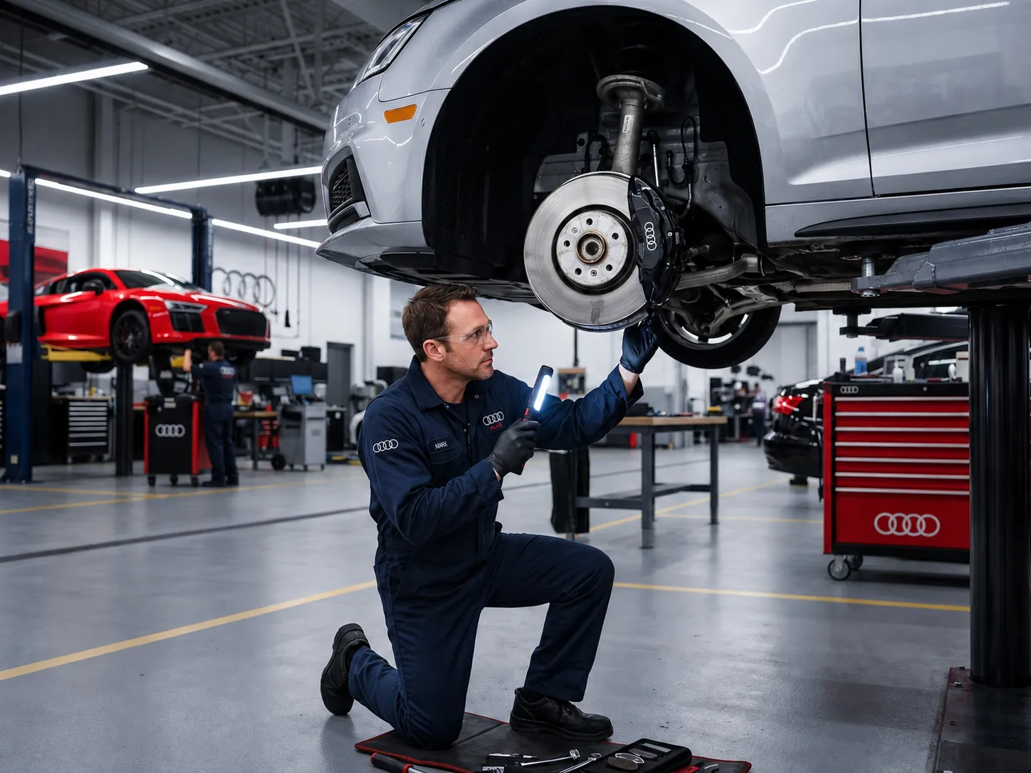 AI-generated still: technician kneeling beside a wheel in a service bay
