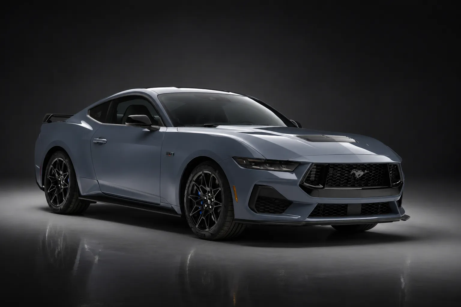 Gray Mustang GT studio shot on black