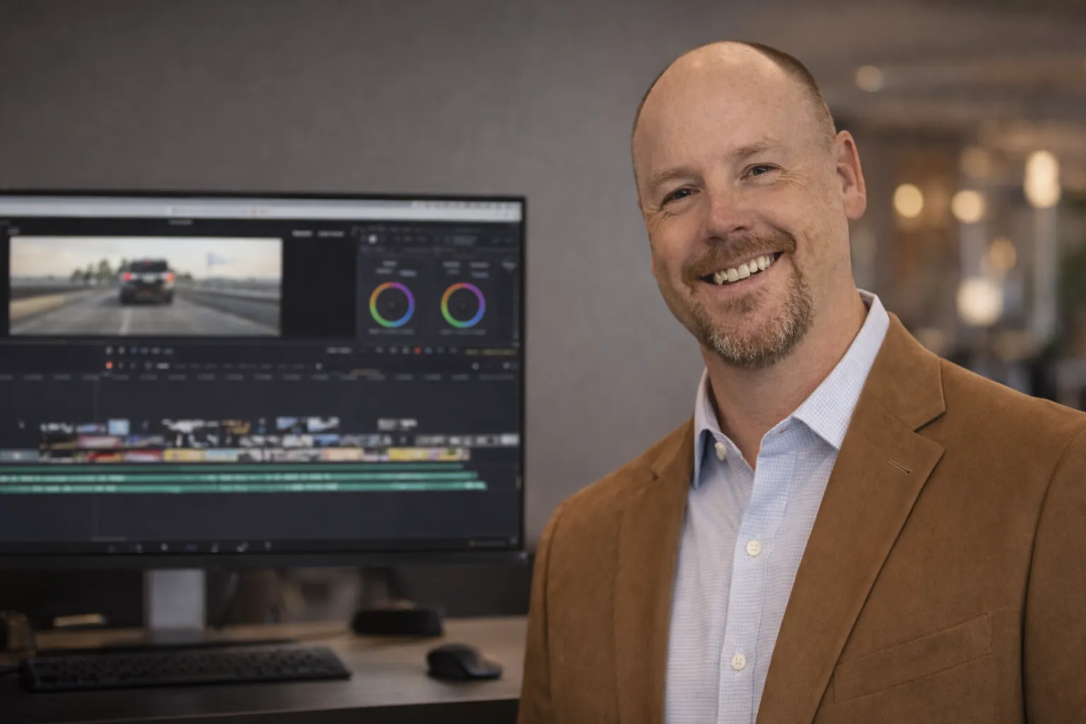 Nick Miotke smiling in front of his edit station, a color-grading timeline on the monitor