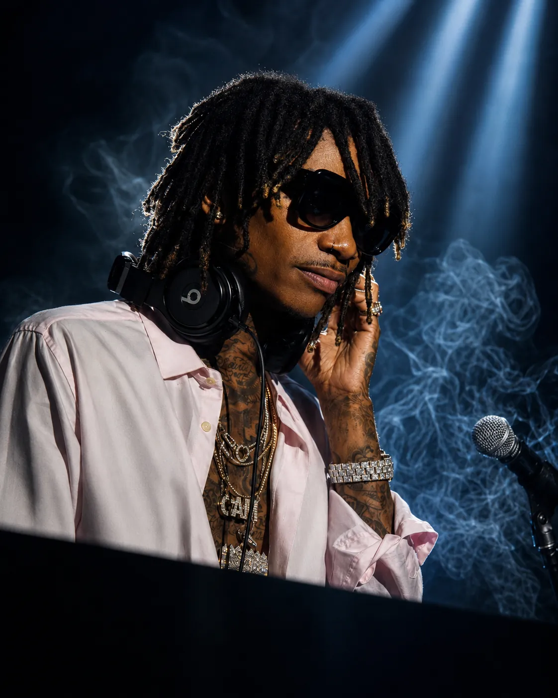 Wiz Khalifa on stage in sunglasses under blue light
