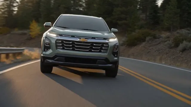 AI film still — a gray Chevrolet SUV on a winding road at dusk