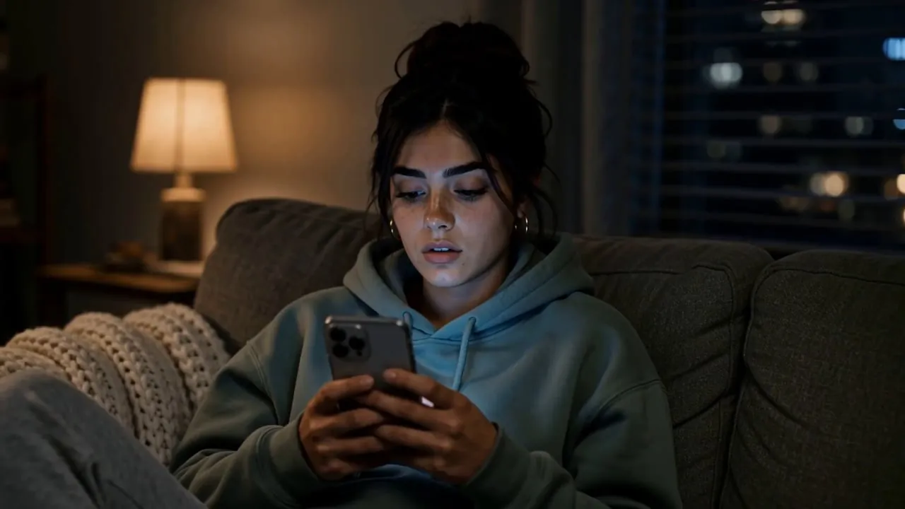 Rocket Mortgage AI spec spot still — a young woman on a couch at night, lit by her phone